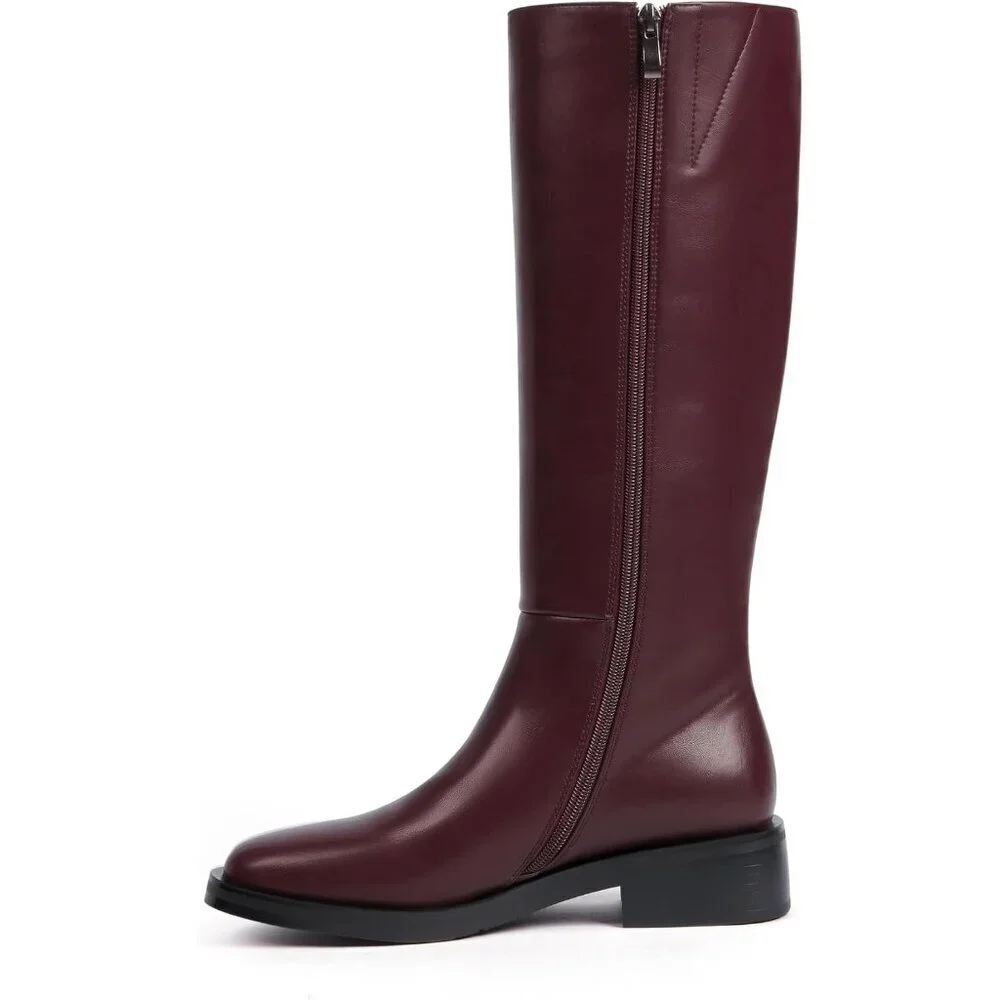 Women Polyurethane Burgundy Round Toe Flat Heel Side Zipper Knee High Tall Boots